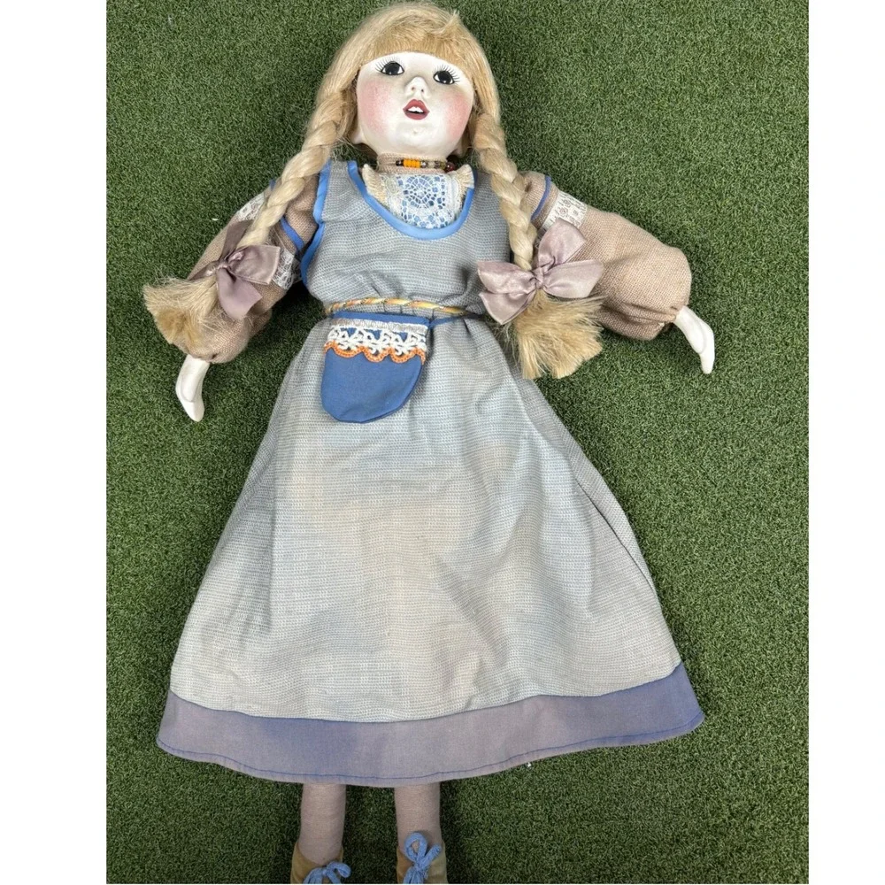 Vintage Porcelain Face Cloth Body Doll Blonde Braids Prairie Dress‎ 34in